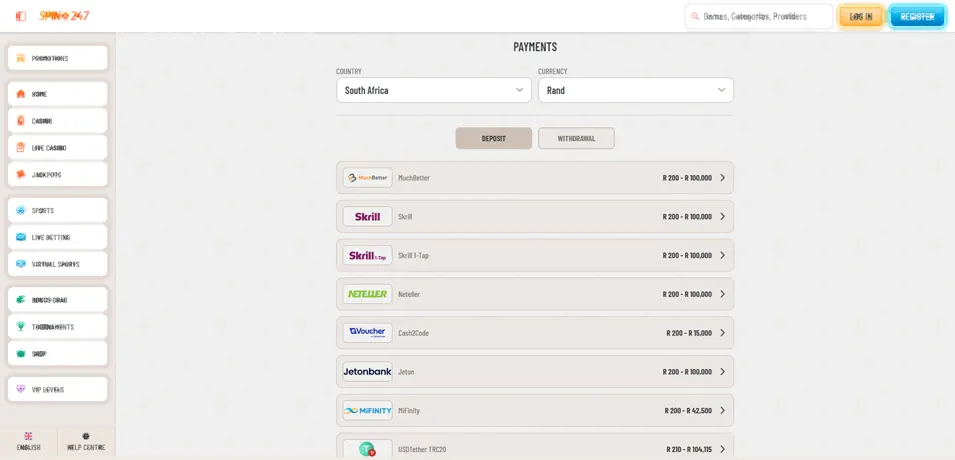 Spin247 Casino Banking Methods and Payout Speed Screenshot