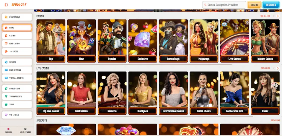 Spin247 Casino Exclusive Game Selection Screenshot
