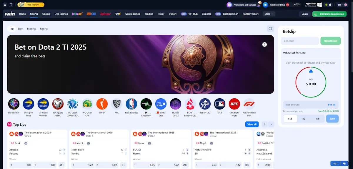 1win Sport Webpage Screenshot