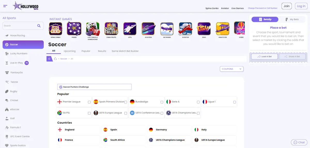 Hollywoodbets Soccer Webpage Screenshot