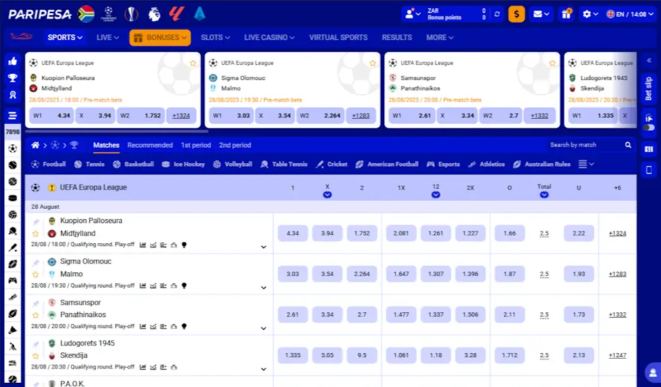 Paripesa Sportsbook Platform Features and Functionality Screenshot