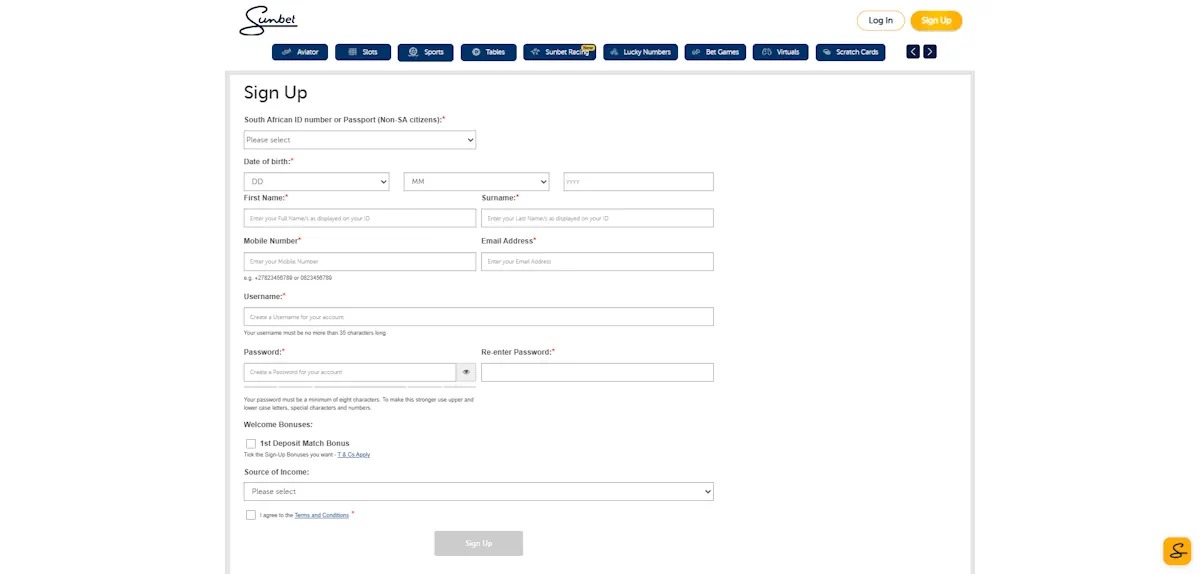 Sunbet Sign Up Screenshot
