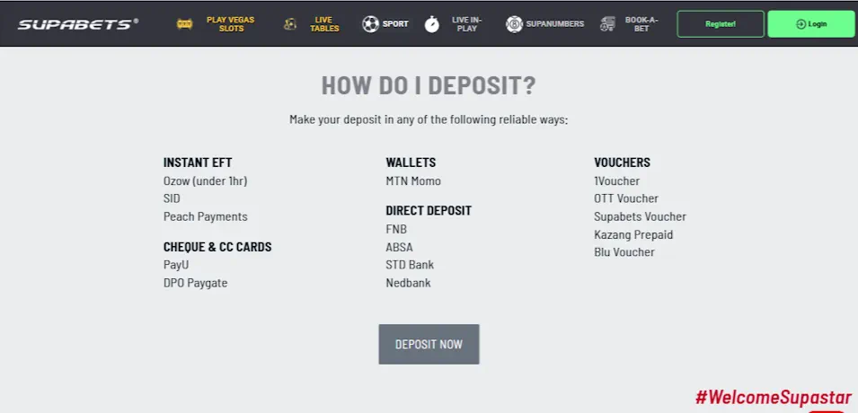 Supabets Sportsbook Banking and Payment Methods Screenshot