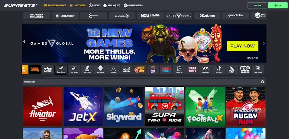 Supabets Sportsbook Casino Game Selection Screenshot