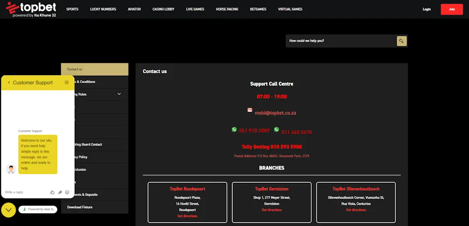 TopBet Sportsbook Customer Support Screenshot