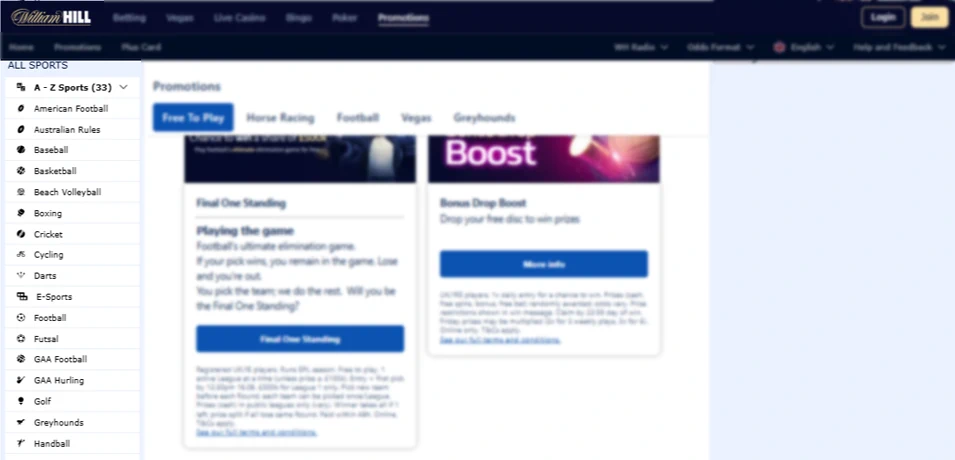 William Hill Sportsbook Sports Coverage & Betting Markets Screenshot