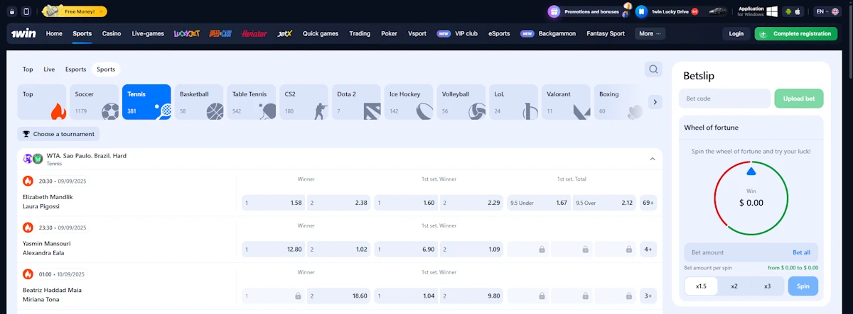 1win Tennis Betting Screenshot