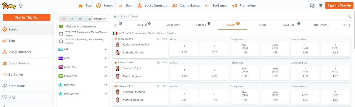 YesPlay Tennis Betting Screenshot