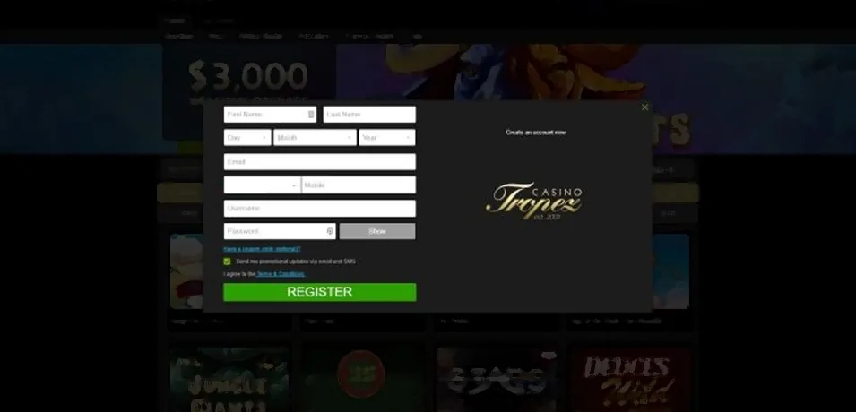 Tropez Casino Tropez Casino Register Process Screenshot