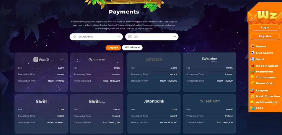 Wazamba Casino Banking and Transactions Screenshot