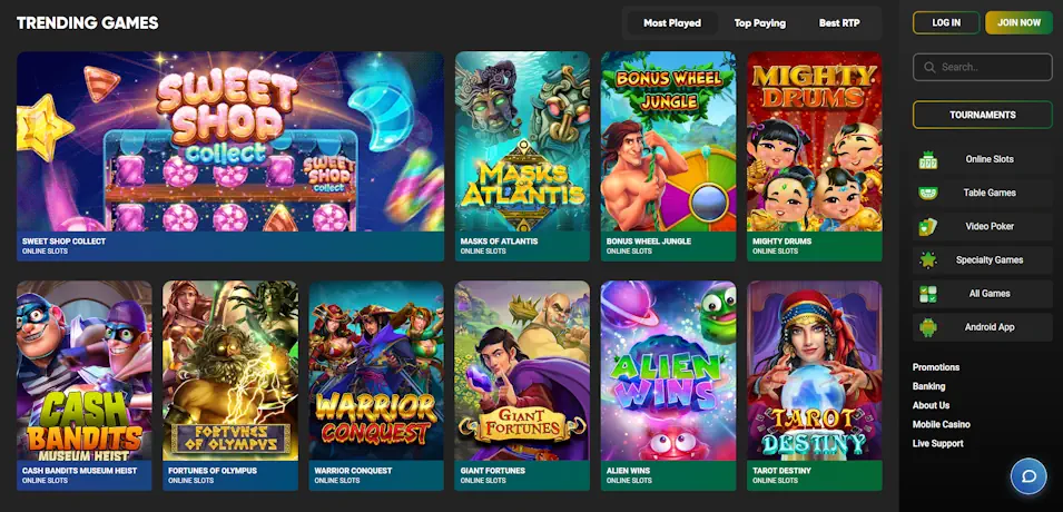 Yebo Casino Game Selection Screenshot