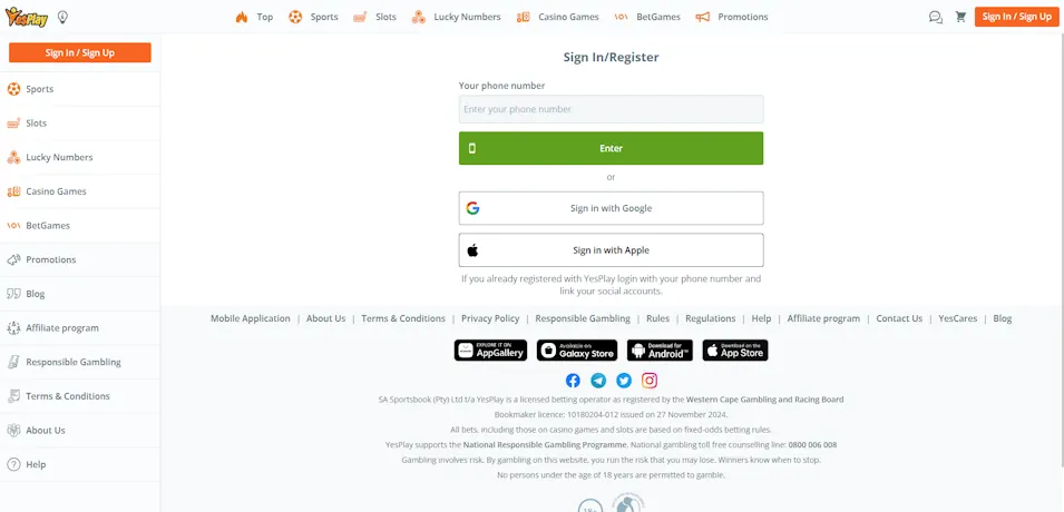 YesPlay Sportsbook login Screenshot