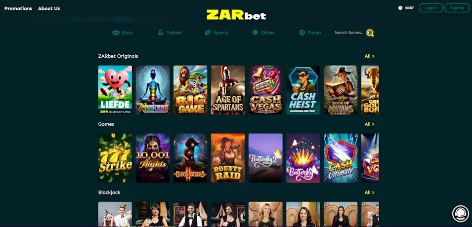 ZARbet (Zarcasino) Casino Game Portfolio Screenshot