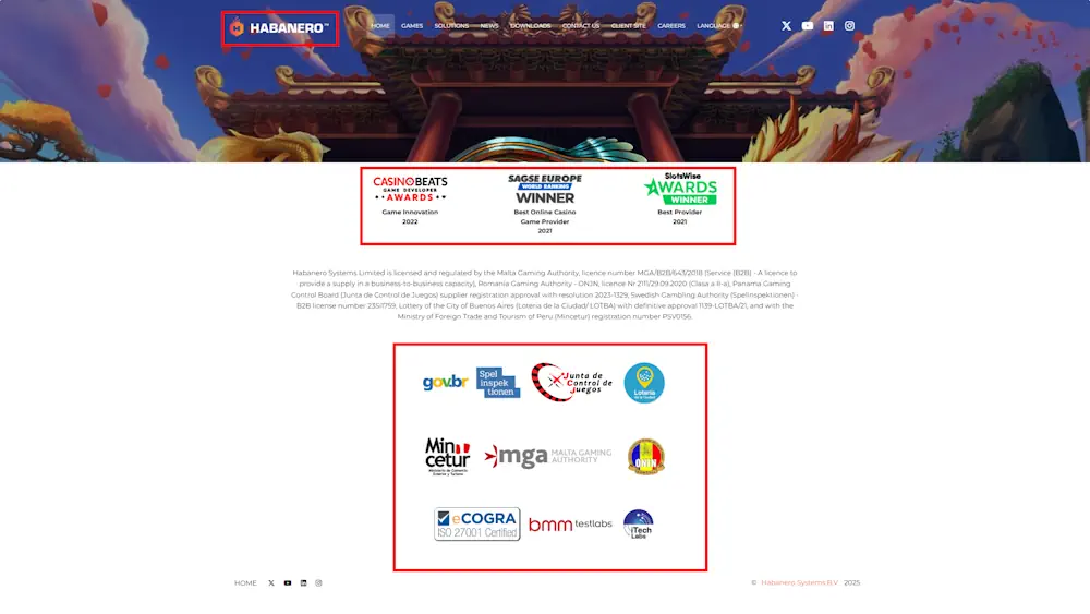 Habanero Awards and Certifications Screenshot