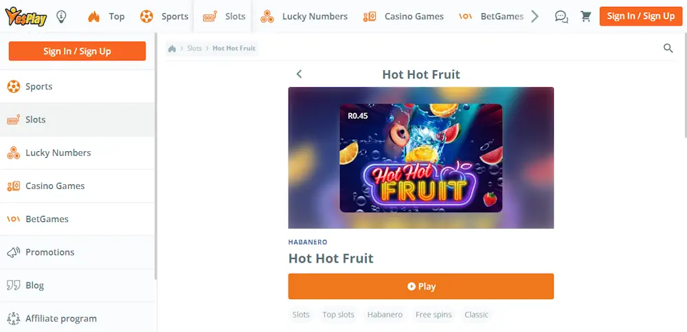 Hot Hot Fruit Slot at YesPlay casino Screenshot