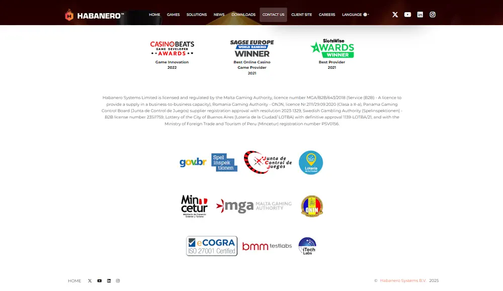 Habanero Game Certifications Screenshot