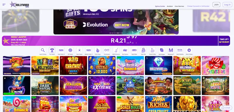 Spina Zonke Slot games Hollywoodbets Screenshot