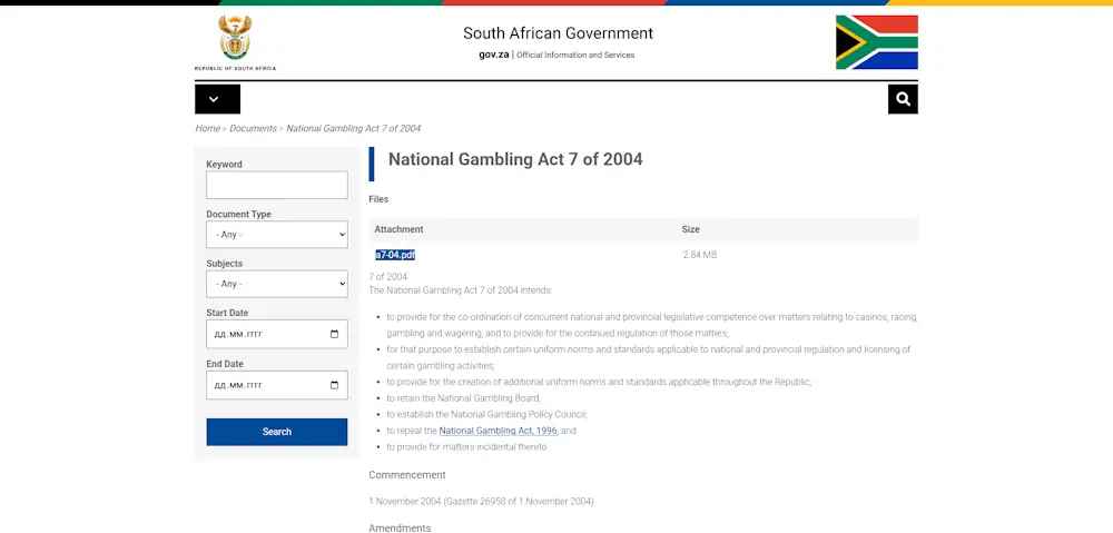 Legal Casinos casinos/legal National Gambling Act 7 of 2004 Screenshot
