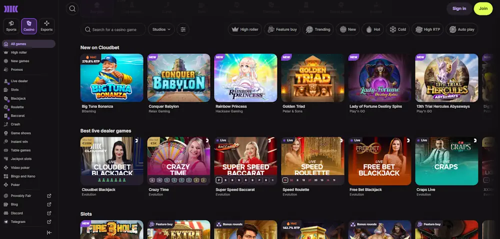 Cloudbet Game Selection Screenshot