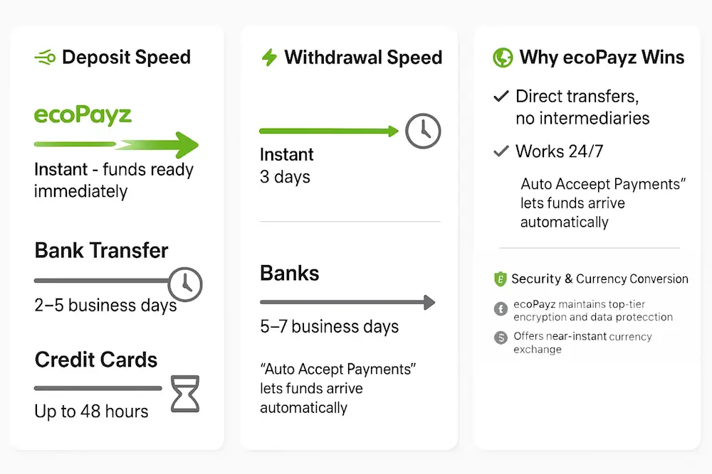 ecoPayz Transaction speed compared to traditional banking Infographic
