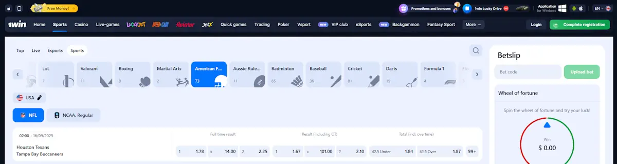 1win American football NFL Screenshot