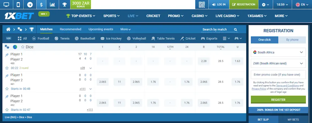 1xBet Dice games Screenshot