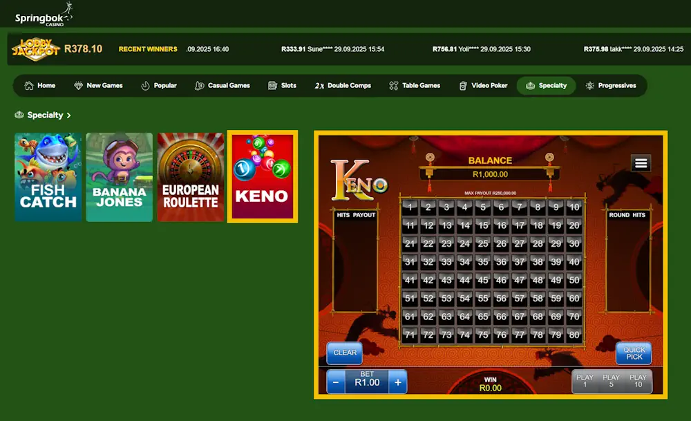 Springbok keno Screenshot