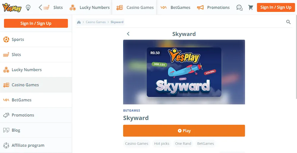 YesPlay crash game Skyward Screenshot