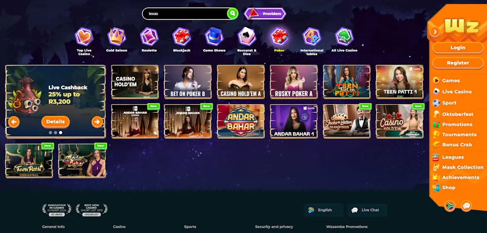 Wazamba Poker games Screenshot