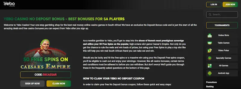 Yebo No deposit bonuses Screenshot