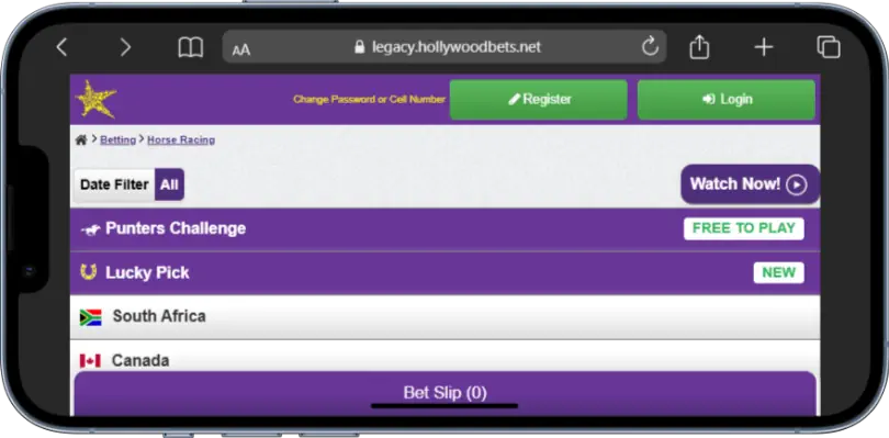 Hollywoodbets Horse racing menu Mobile Screenshot
