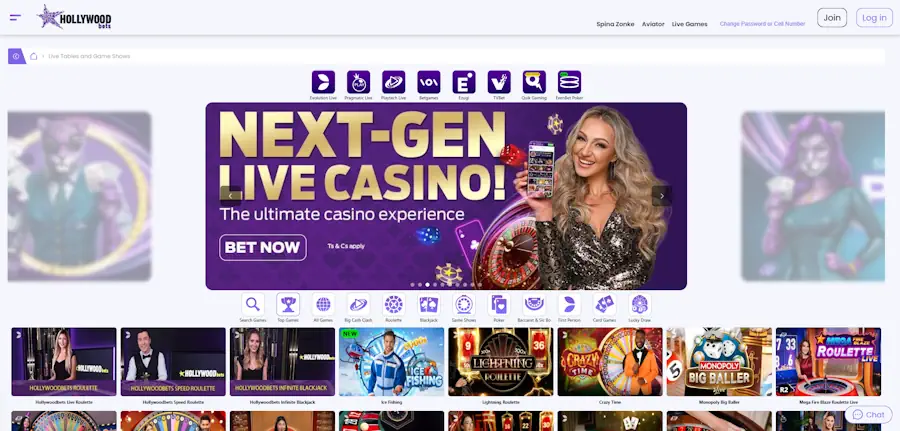 Hollywoodbets Live Dealer Games and shows Screenshot