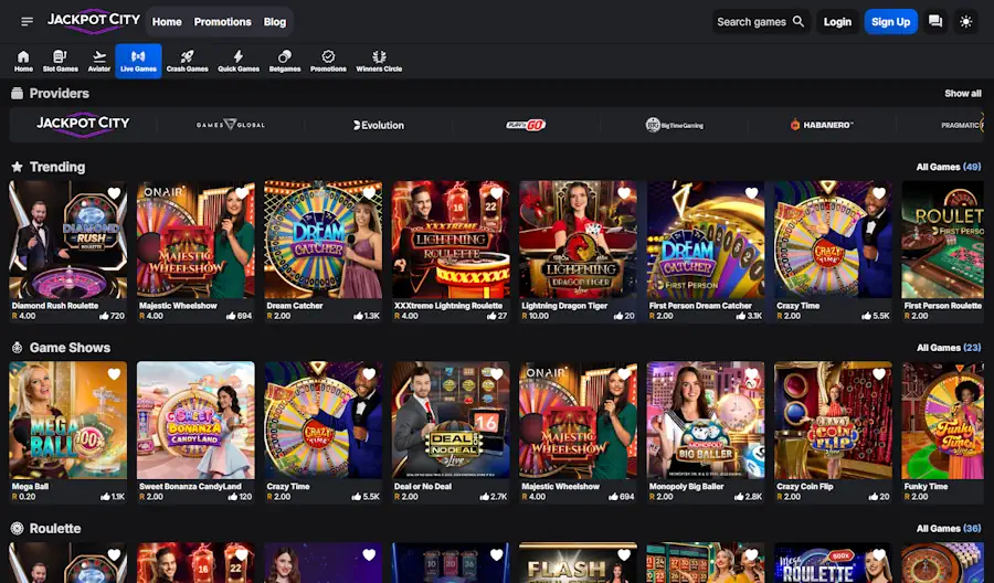 JackpotCity Live Dealer Games and shows Screenshot