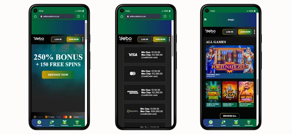 Yebo mobile android experience and payment options Screenshot