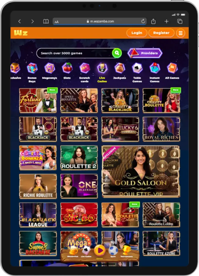 Wazamba mobile ipad Live Dealer Games Screenshot
