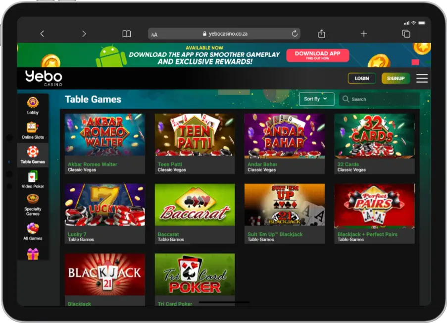 Yebo mobile ipad Table games Screenshot