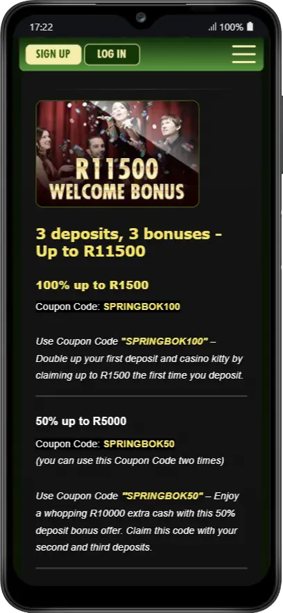 Springbok mobile windows R11500 Welcome Bonus Screenshot