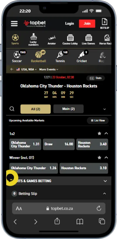 TopBet nba Mobile Event Screenshot