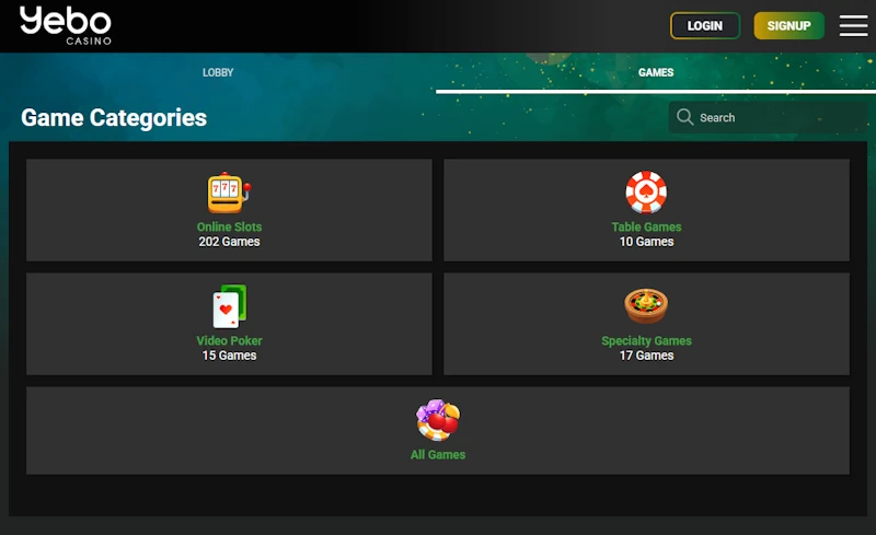 Yebo Game Categories Screenshot