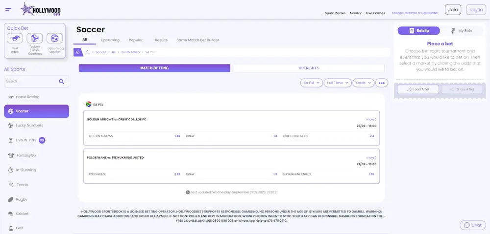 Hollywoodbets sport betting Screenshot