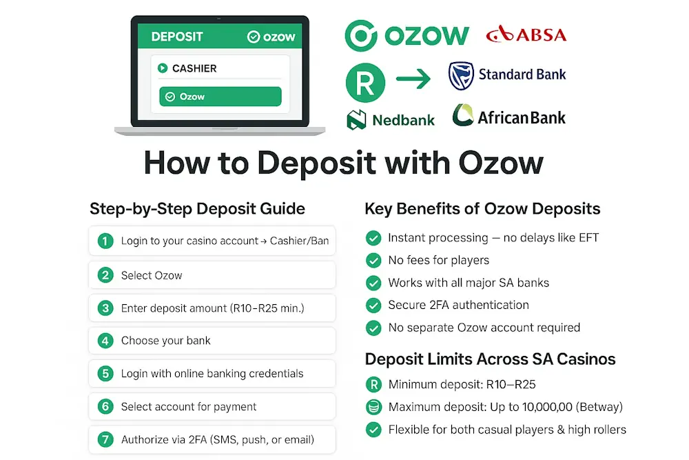 Deposit and Withdrawal Process Using Ozow at Gambling Sites Infographic