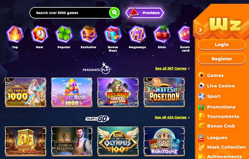 Wazamba Games and providers Screenshot