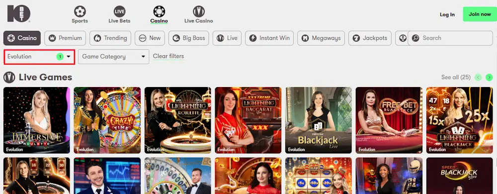 Evolution 10bet Casino Games Screenshot