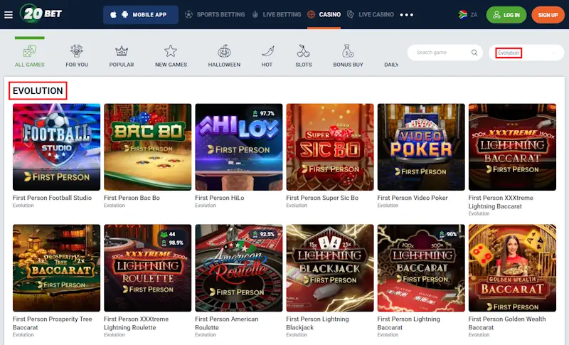 Evolution 20Bet Casino Games Screenshot