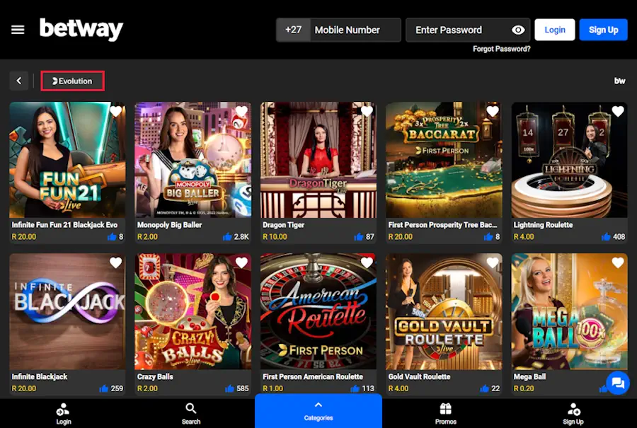 Evolution Betway Casino Games Screenshot