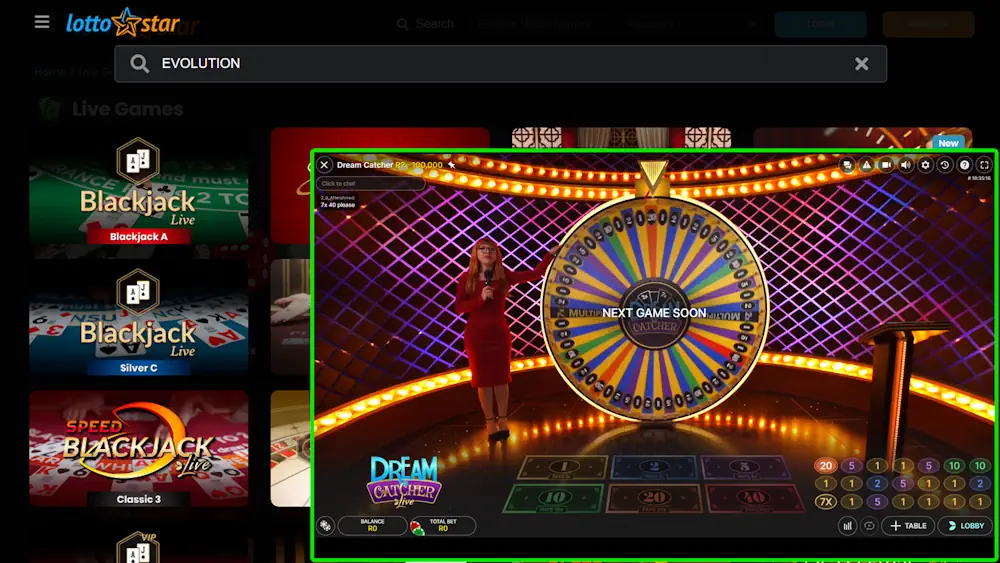Evolution Lottostar Casino Games and Game Dream Catcher Screenshot