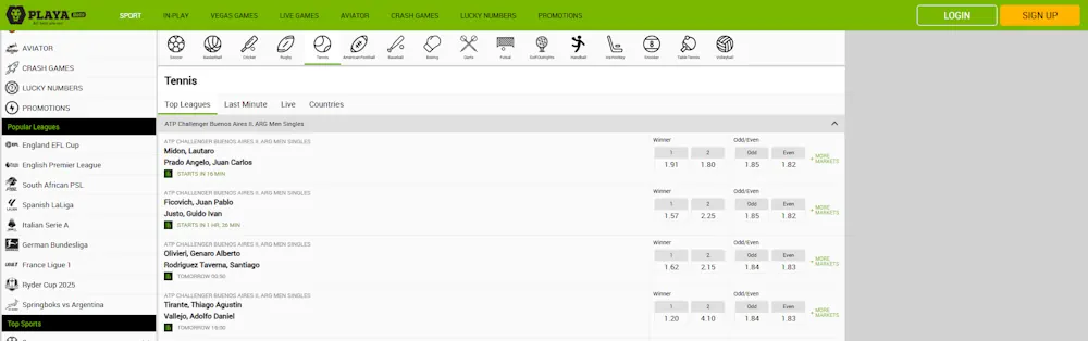 PlayaBets Tennis Screenshot