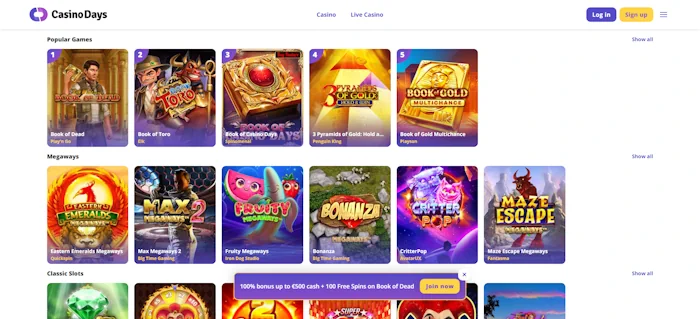 CasinoDays Homepage Screenshot